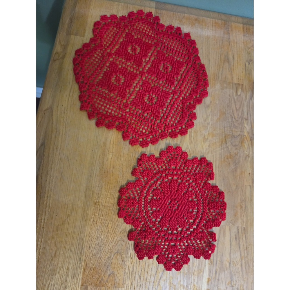 Vintage Handmade Crochet Doily 7" and 10" Red Round Table Decor